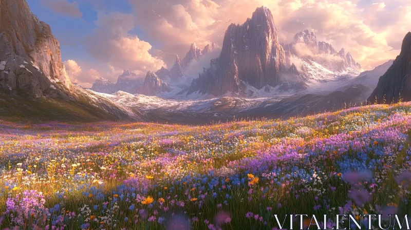 AI ART Snow-Capped Mountains and Radiant Flower Field