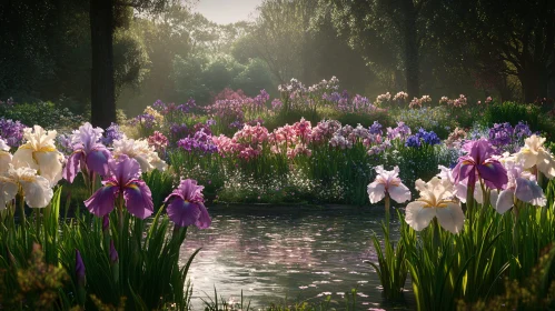 Peaceful Iris Garden Scene with Sunlit Pond