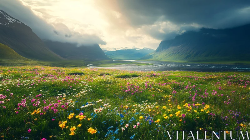 AI ART Blooming Valley Landscape with Majestic Mountains