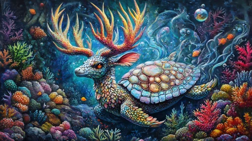 Mythical Underwater Beast with Colorful Coral Surroundings