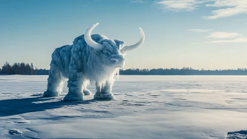 Frozen Bull Statue in Winter Landscape