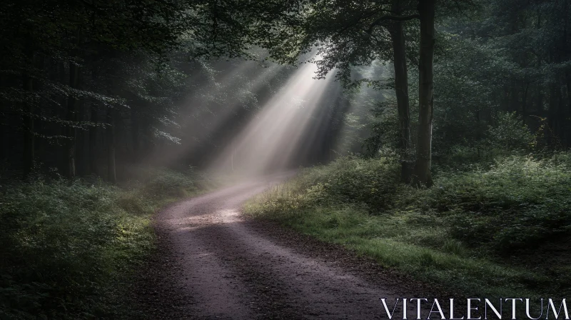 Tranquil Pathway in a Sunlit Forest AI Image