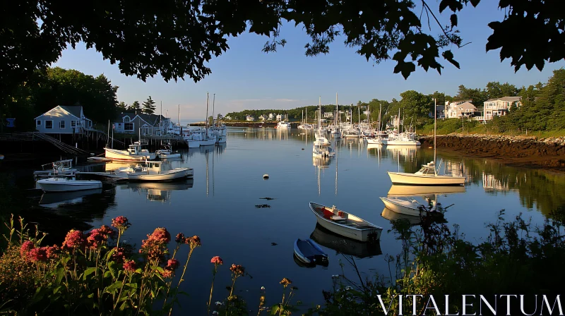 Tranquil Waterfront with Boats and Setting Sun AI Image