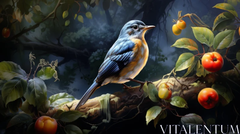Blue Bird Perched on Fruit-Filled Branch Illustration AI Image