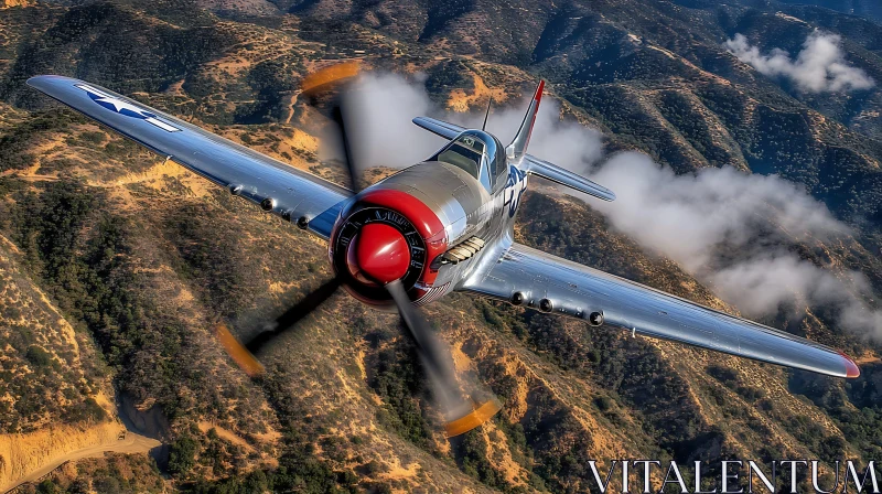 Plane Gliding Over Hills and Clouds AI Image