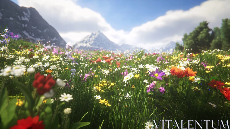 Colorful Meadow and Majestic Mountains AI Image