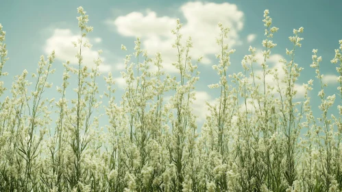 Serene Wildflower Field with Blue Sky and Clouds