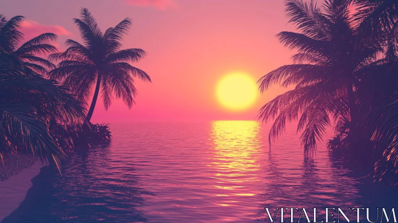 AI ART Serene Ocean Sunset with Silhouetted Palms