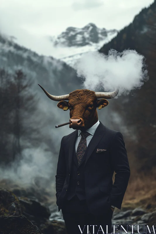 Bull Masked Businessman Exhaling Smoke in Mountainous Landscape AI Image