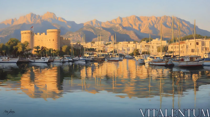 Harbor View with Boats, Castle, and Mountain Reflections AI Image