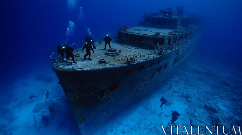 Divers Exploring a Submerged Shipwreck AI Image