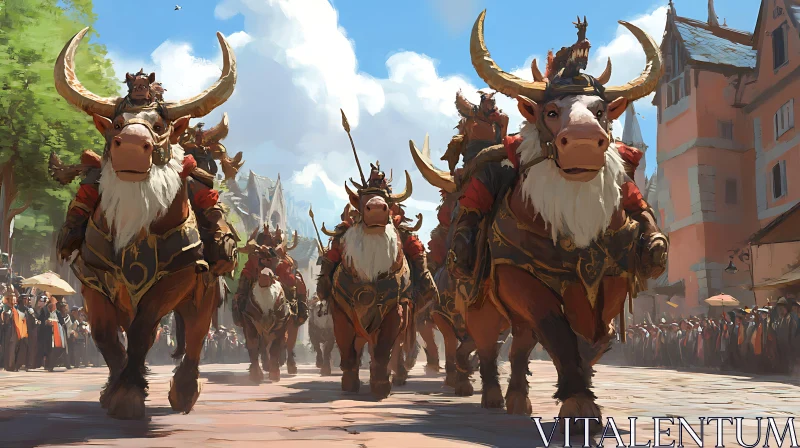 Ornate Bulls in a Medieval Fantasy Setting AI Image