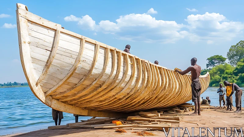 Handcrafted Wooden Boat by the River AI Image