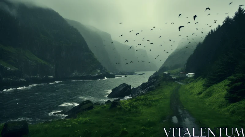 Abstract Birds over Moody Cliff - A Captivating Norwegian Landscape AI Image