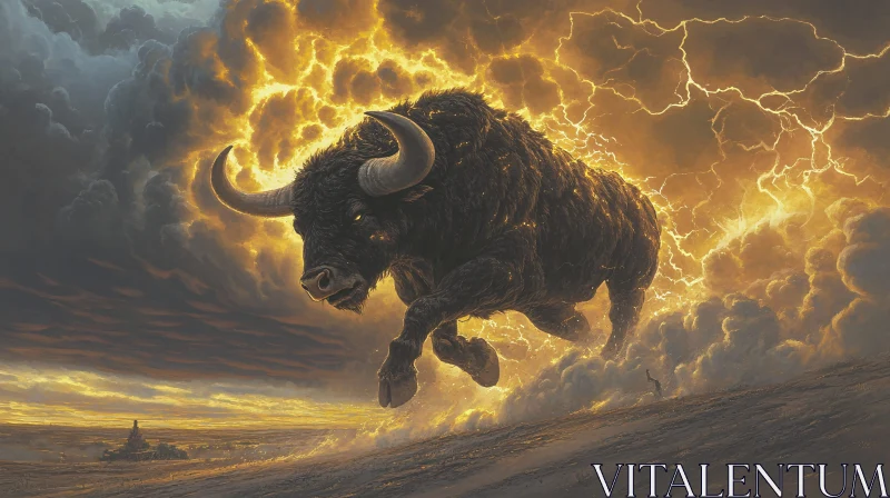 Bull in Golden Lightning Storm AI Image