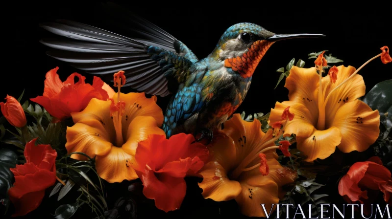 Hummingbird Hovering Over Blooming Flowers - Artistic Realism AI Image