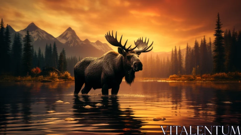 Majestic Moose in Mountainous Sunrise Landscape AI Image
