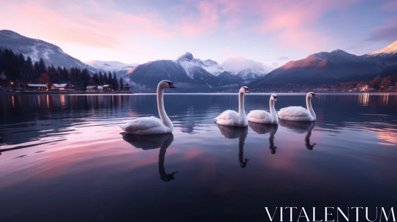 Majestic Swans at Sunrise on Mountain Lake AI Image