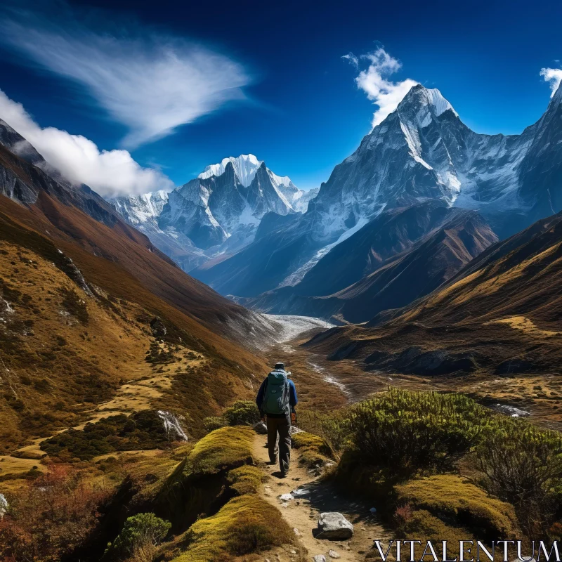 Man's Journey Through Everest Valley: A Surreal Landscape AI Image
