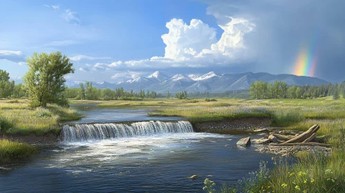 Tranquil Meadow with Flowing River and Rainbow