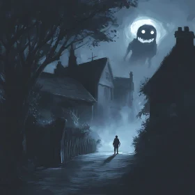 Creepy Village Night with Monster and Fog