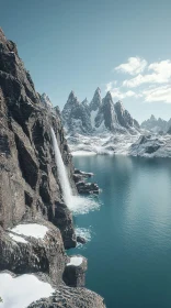 Peaceful Mountain Scenery with Snow and Water