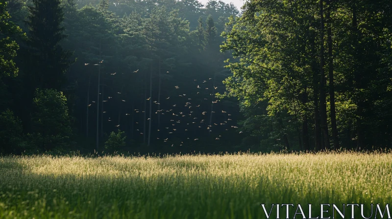 Serene Forest Edge with Birds in Flight AI Image