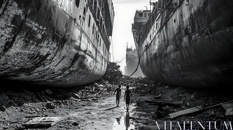 Abandoned Shipyard in Black and White AI Image