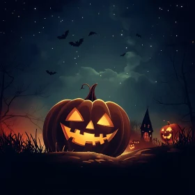 Halloween Night Scene with Pumpkins and Bats