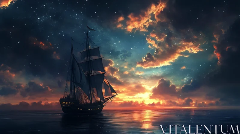 AI ART Sailing Ship Under a Starry Sky