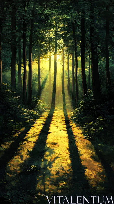 AI ART Golden Sunlight Path in Forest