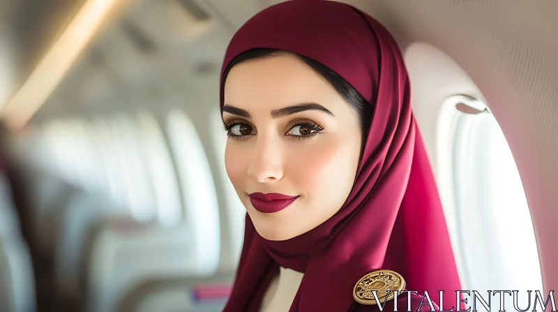 Poised Airplane Crew Member in Maroon Uniform AI Image