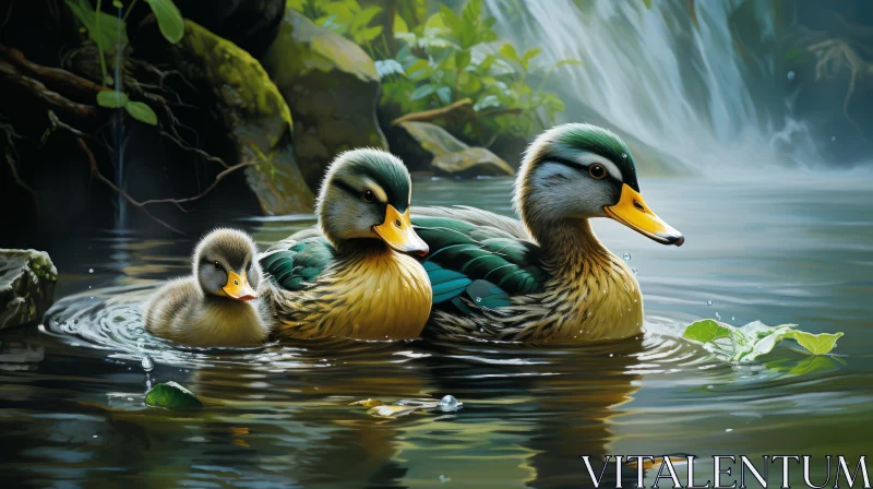 Tranquil Scene of Ducks by Waterfall: A Detailed Animal Illustration AI Image