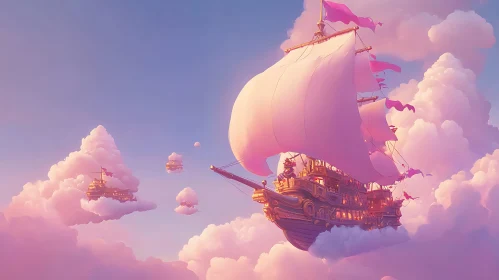 Fantastical Ship Sailing Through Clouds