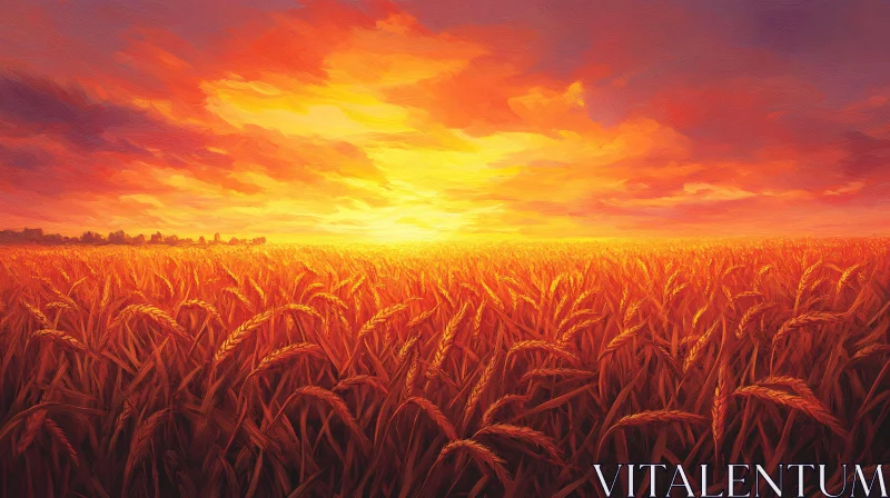 Sunset Over a Wheat Field AI Image