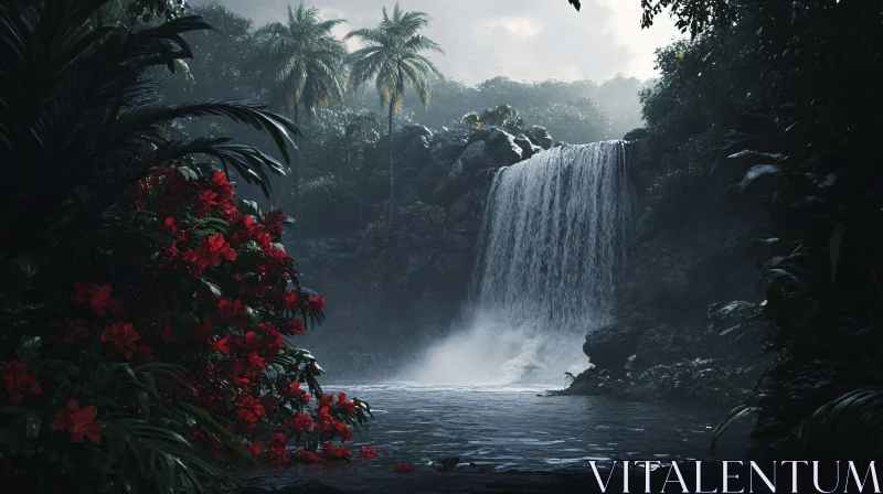 AI ART Tropical Jungle Scene with Waterfall