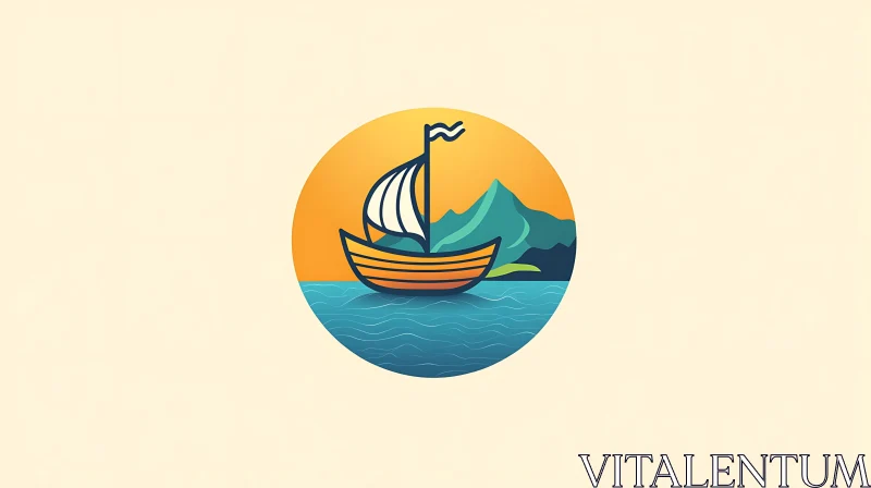 Boat Sailing at Sunset with Mountain Scenery AI Image