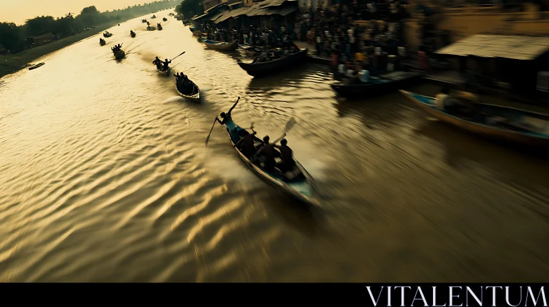 Sunset Boat Race on Bustling River AI Image