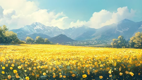 Picturesque Flower Field and Mountain Landscape