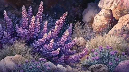 Enchanting Rock Garden with Blooming Wildflowers