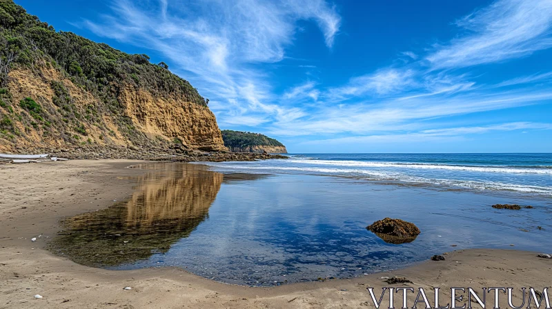 AI ART Peaceful Beach with Cliffside Reflections