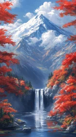 Mountain Retreat with Waterfall in Autumn