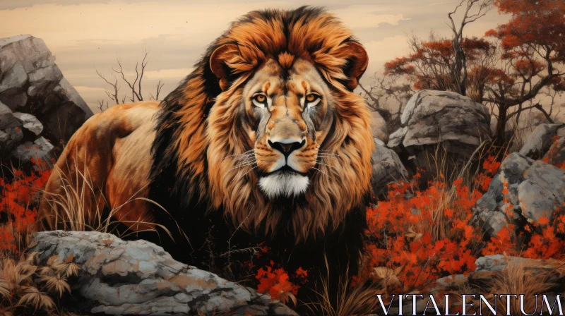 Majestic Lion Amidst Field of Trees - Painted Illustration AI Image