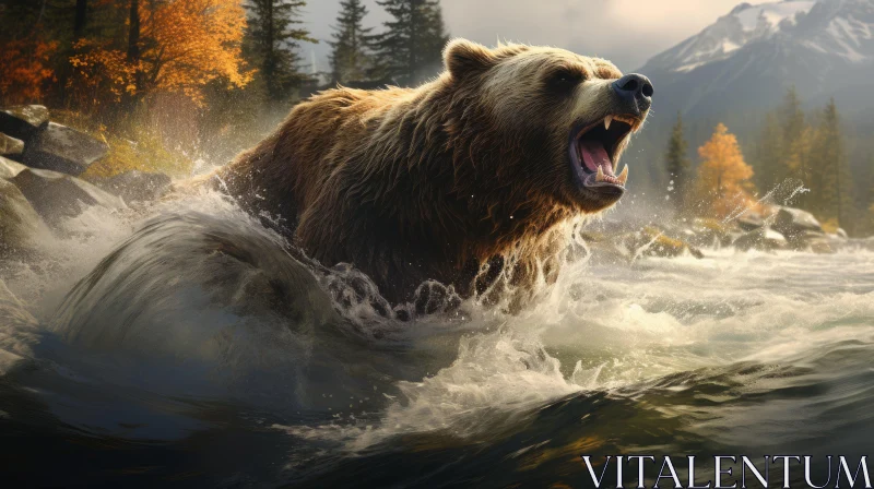 Roaring Bear Splashing in Water: A Textured Wildlife Illustration AI Image