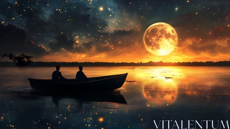 Moonlit Boat Ride Beneath a Starry Sky AI Image