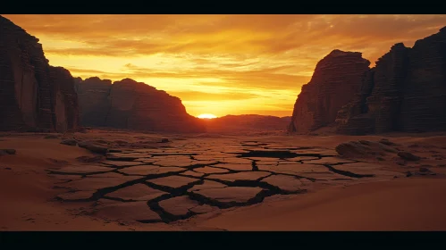 Sunset in the Desert: A View of Rock Formations and Cracked Ground