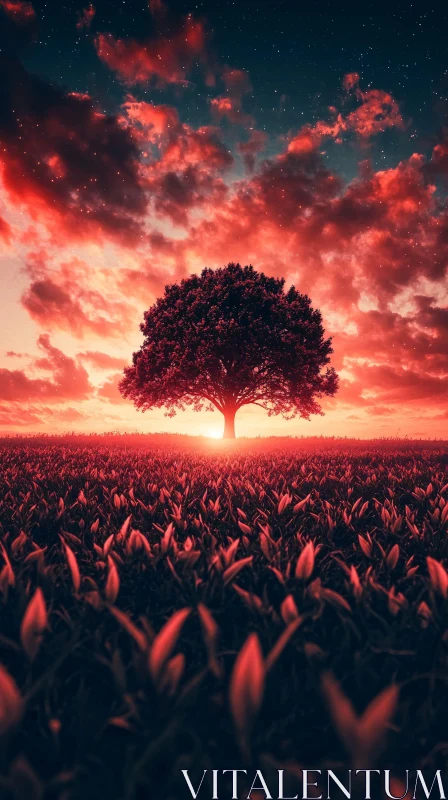 AI ART Majestic Tree in Fiery Landscape