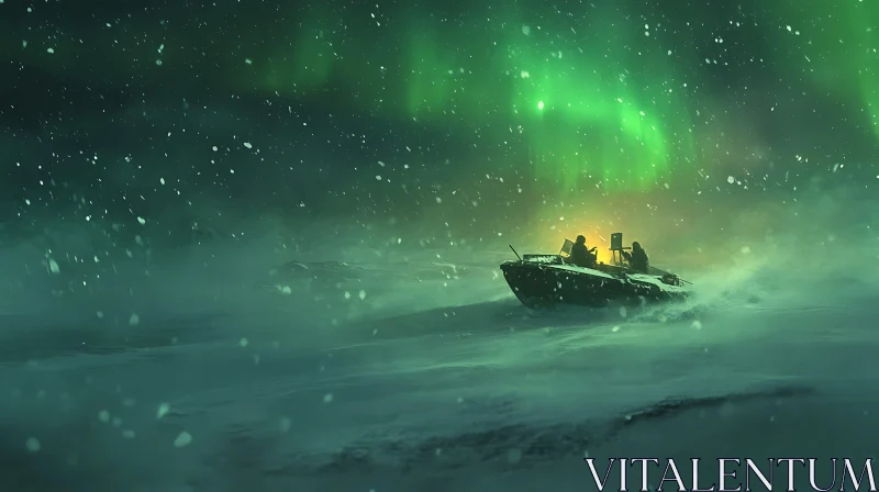 Aurora Illuminating Boat in Snowy Night AI Image