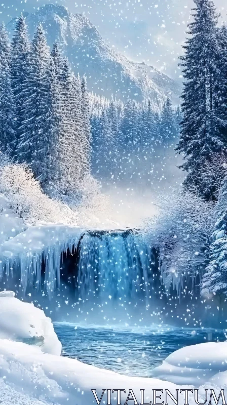 AI ART Winter Wonderland with Icy Blue Waterfall