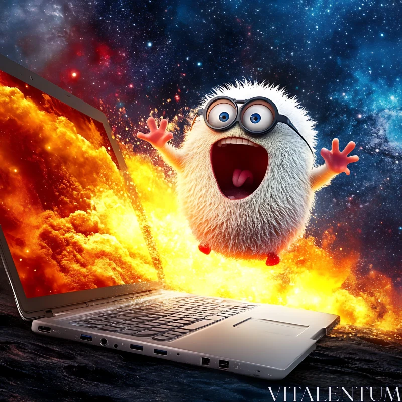 AI ART Shocked Cute Creature by Flaming Laptop in Space